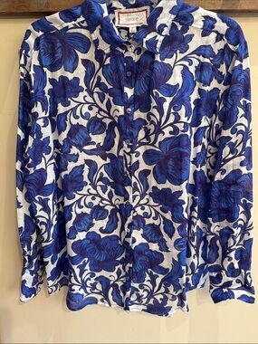 Johnny Was Workshop Blue Floral Button-Up Shirt Size Small